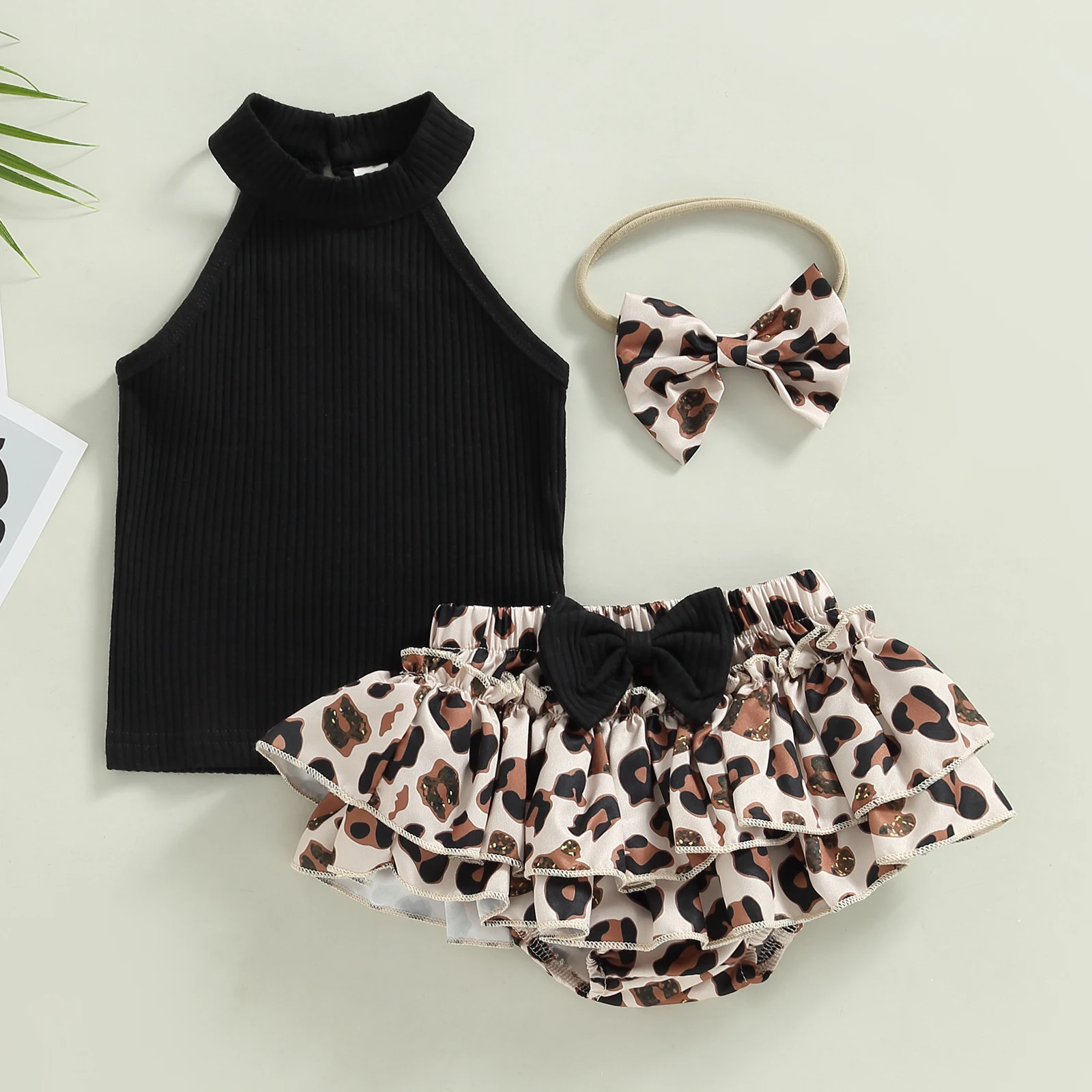 Baby Girl 3Pcs Summer Outfits Set Cute Sleeveless Halter Tops Ruffle Shorts Headband Set Baby Clothing Outfits