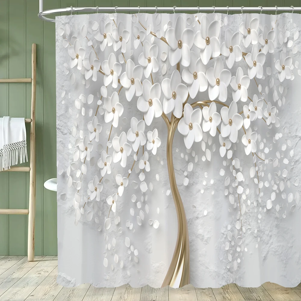 Elegant Bouquet of Fantastic White Flowers 3D Style Shower Curtain Bathroom Curtain with Bath Rug Carpet Set Floral Home Decor