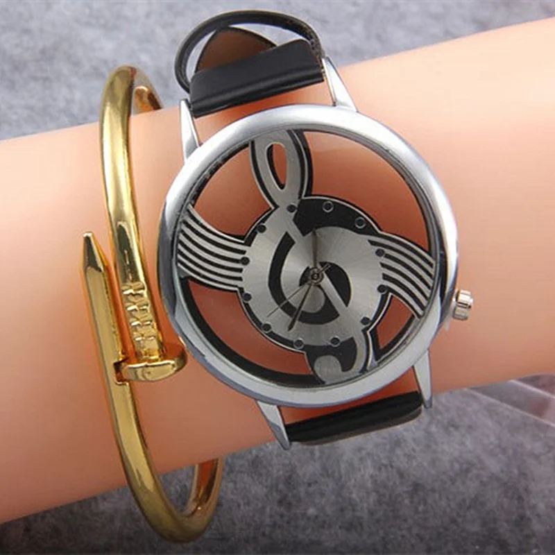 Mode Hohl Musik Form Uhr Runden Zifferblatt Exquisite Weiß Schwarz Leder Casual Frauen Einfache Armbanduhr Uhren Drop Shipping