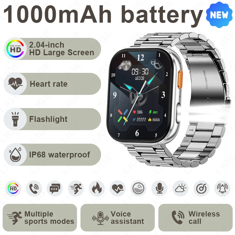 

LIGE AMOLED Smart Watch Men 2.04 Screen Bluetooth Call Health Monitor IP68 Waterproof Sport Women Smartwatch New For Android IOS