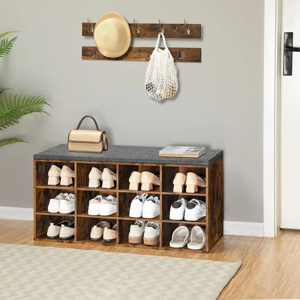 12-Cubby Shoe Bench with Cushion, 39.4 Entryway Storage, Coat Rack, Holds 330 lbs
