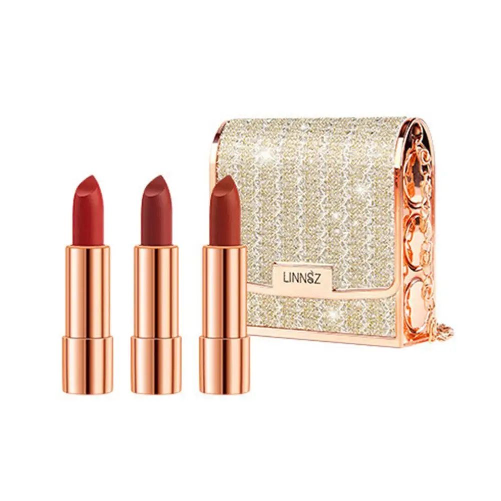 マット口紅セット 3 色 シルバーチェーンバッグ付き 防水 ノンスティック 長持ち メイクアップ レッド 3.5gx3 個 女性と女の子用