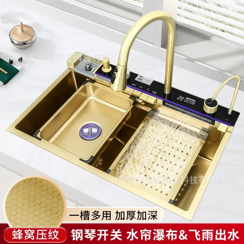 for Brushed Gold Stainless Steel Sink with for Feiyu Waterfall Faucet Large Single Bowl Kitchen Sink Customizable Lighting