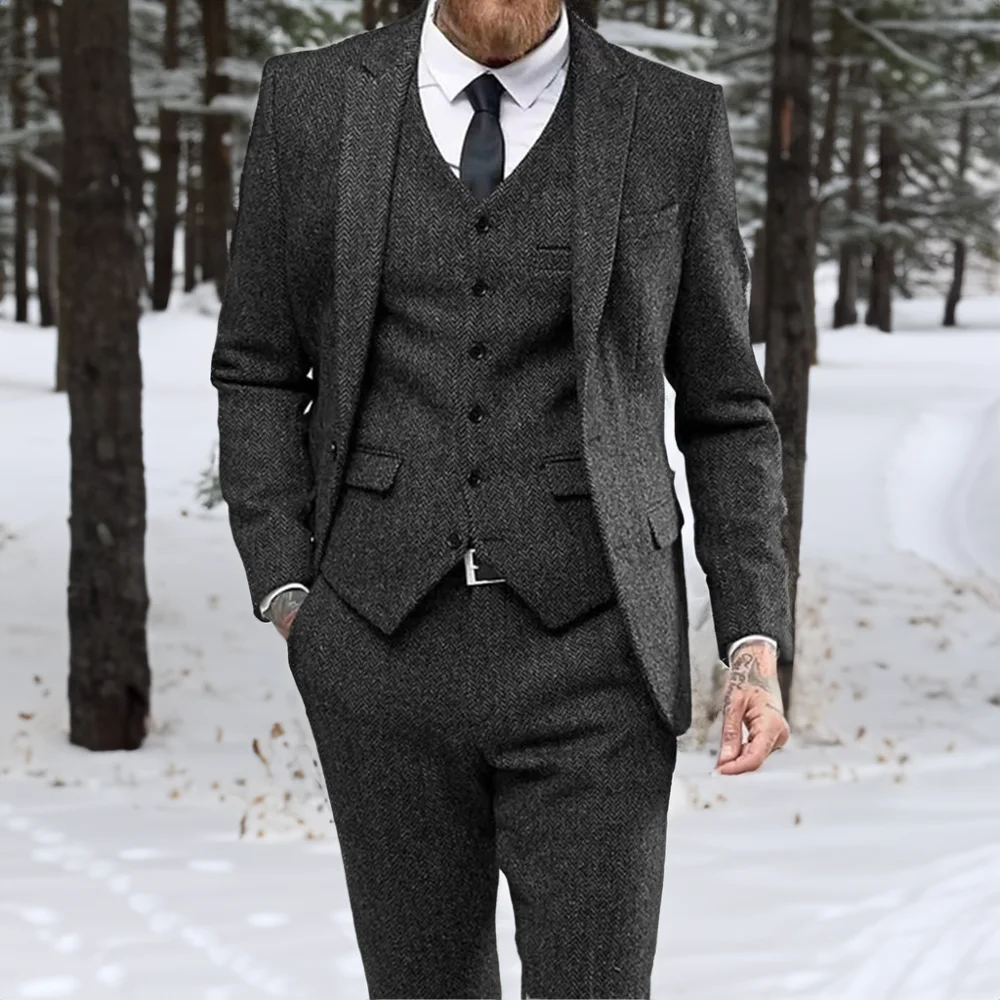 Winter Men's Wool Blazer Classic Slim Suit 3-piece Suit Business Party Tuxedo Herringbone Material XS-5XL Custom Suit