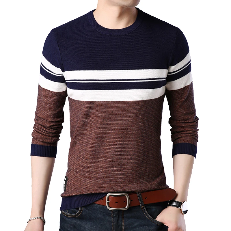 BROWON Brand 2024 Autumn Sweater Men O-neck Striped Knittwear Men Slim Sweaters Male Long Sleeve Social Business Clothes Men