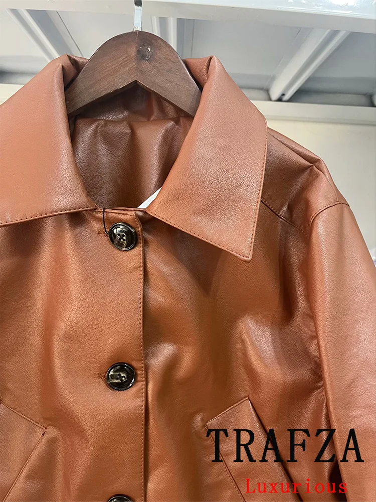 TRAFZA Vintage Casual Chic Women Jackets Single Breasted Turn-down Collar Pockets Coats New Fashion 2024 Office Lady Jackets