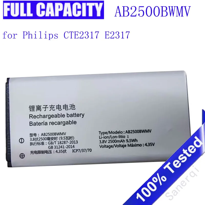 Original Battery for Xenium E2317 Cellphone AB2500BWMV PHIXFTOP Battery for Philips CTE2317 Mobile Batteries