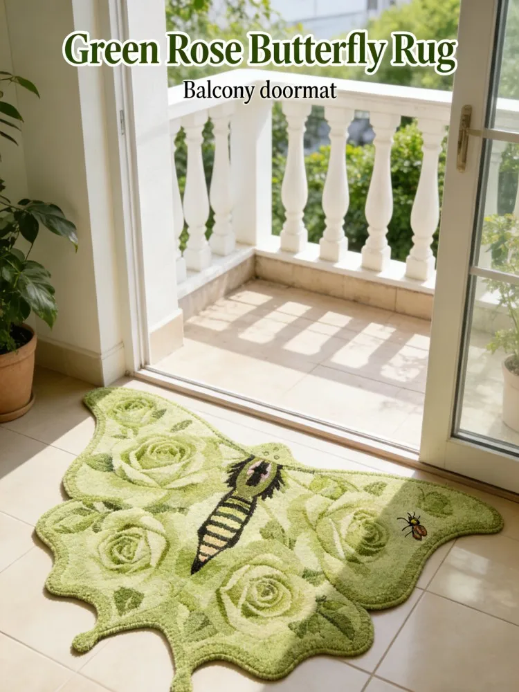 Ins Style French Garden Butterfly Rose Rug, Aesthetic Shaped Floor Mat, Non-Slip Washable Doormat for Bedroom Vanity