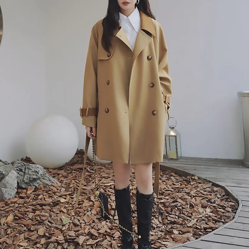 

Allingentle Women's Long Coat Khaki Jacket Fashion Double-Breasted Blazer for Casual Office Customize