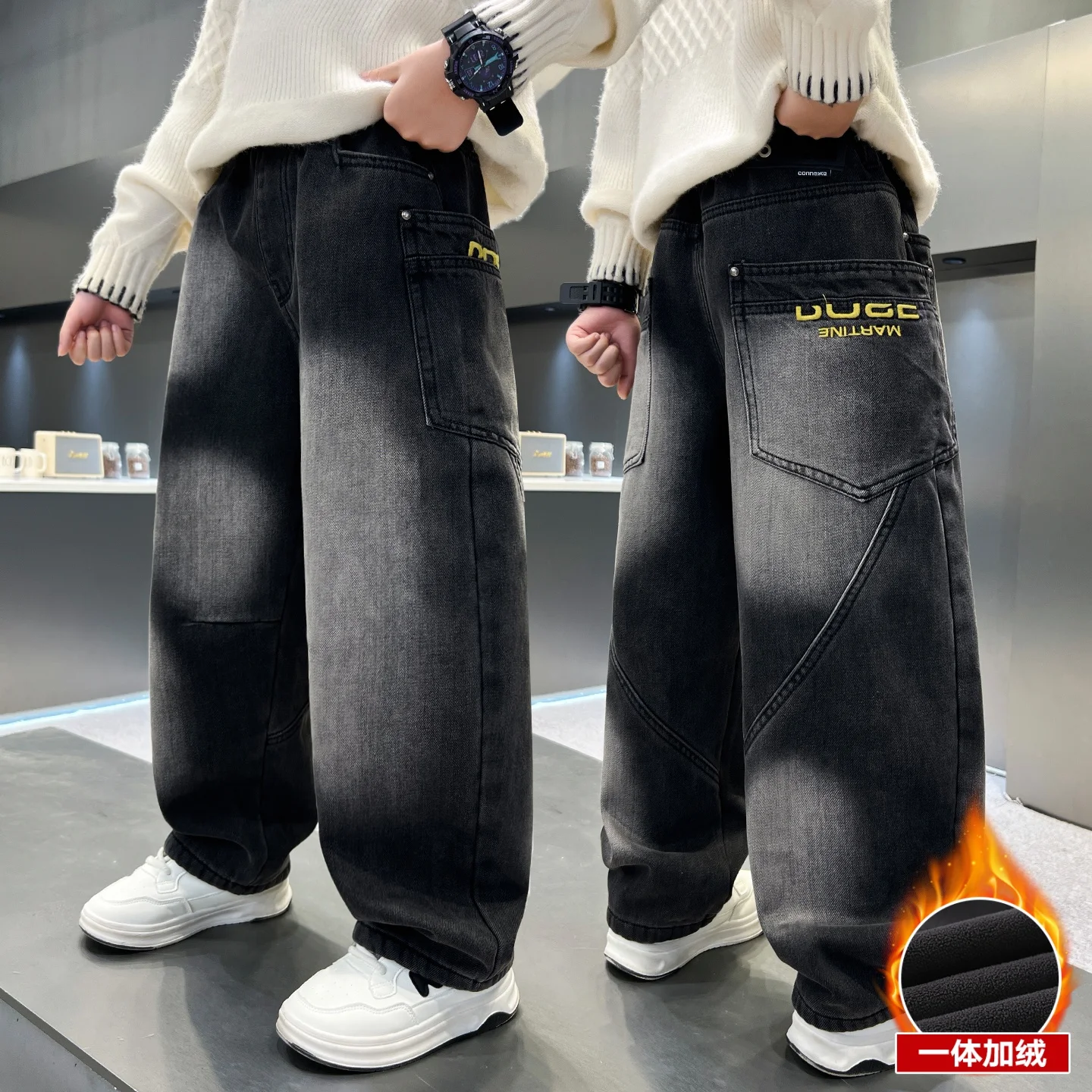 

4-14Y Kids Thick Pants Winter Clothes for Boy Children's Trousers Korean Elastic Pants One Piece Insulated Wool Vintage Jeans