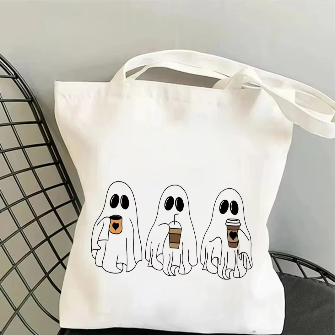 

Funny Ghost Drinking Coffee Print Canvas Tote Bag Unique Casual Shoulder Bag Eco Friendly Carryall for Shopping Office Travel