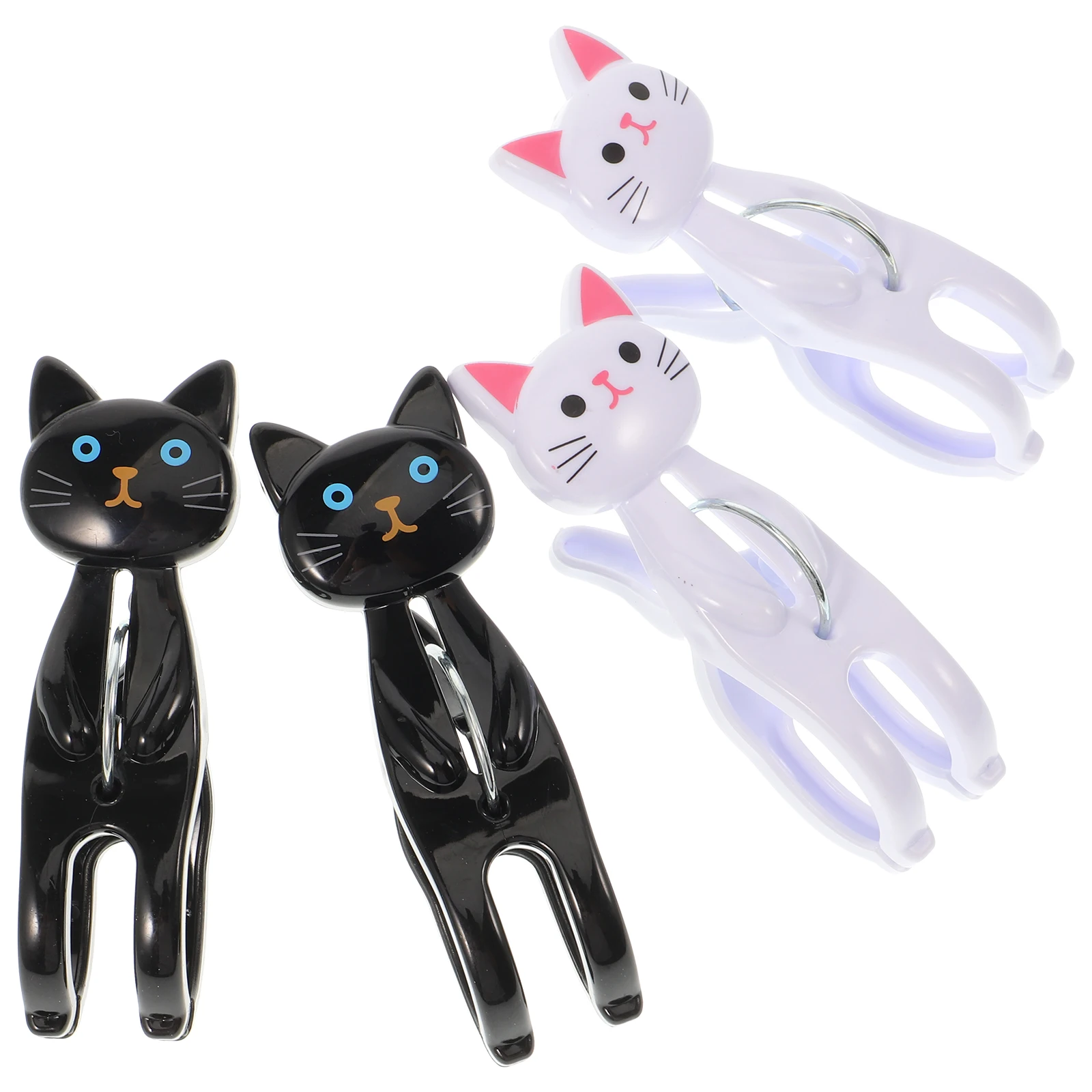

4pcs Black 2 White 2 Cat Cartoon Beach Chair Clips Towel Blanket Clamps Non Slip Windproof Plastic Clothespins Pegs Lightweight