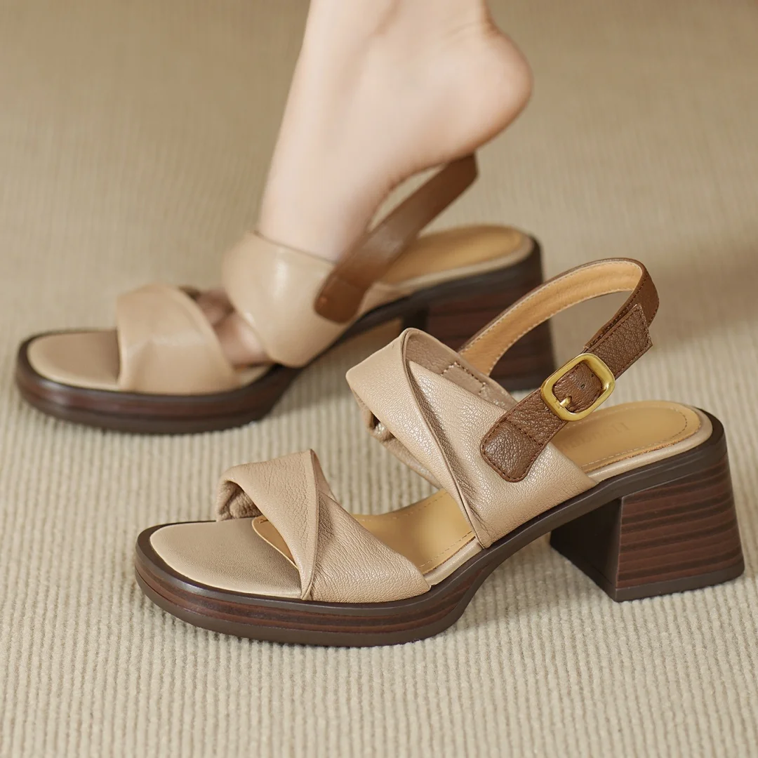 Women's genuine leather narrow band fold mix color patchwork open toe sandals 6cm chunky heel platform female OL summer shoes - Image 6