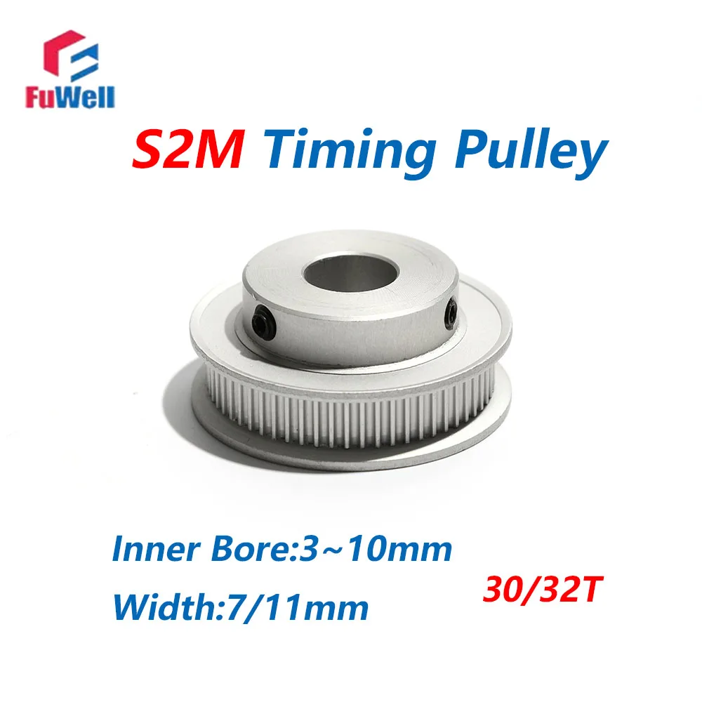 FuWell Timing Pulley S2M-30/32T Aluminum Alloy S2M 30 32Teeth Toothed Pulley 7/11mm Width 4/5/6/8/10/12mm Bore Transmission Belt