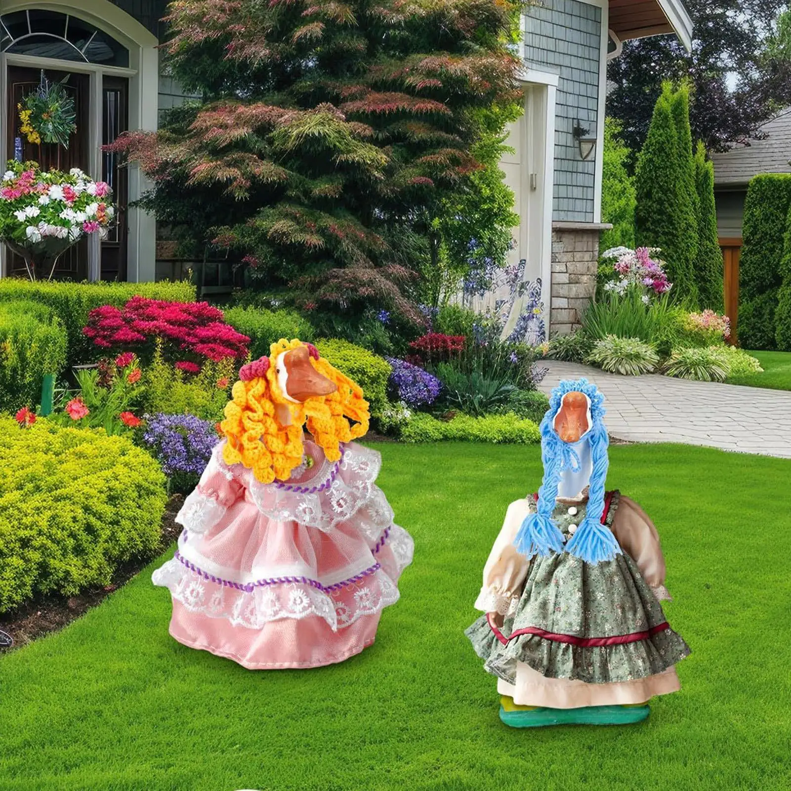 Porch Geese Wigs 3 Pieces Handmade Geese Wigs Animal Statue Braids Home Ornament for Birthday Garden Yard Holiday Poolside