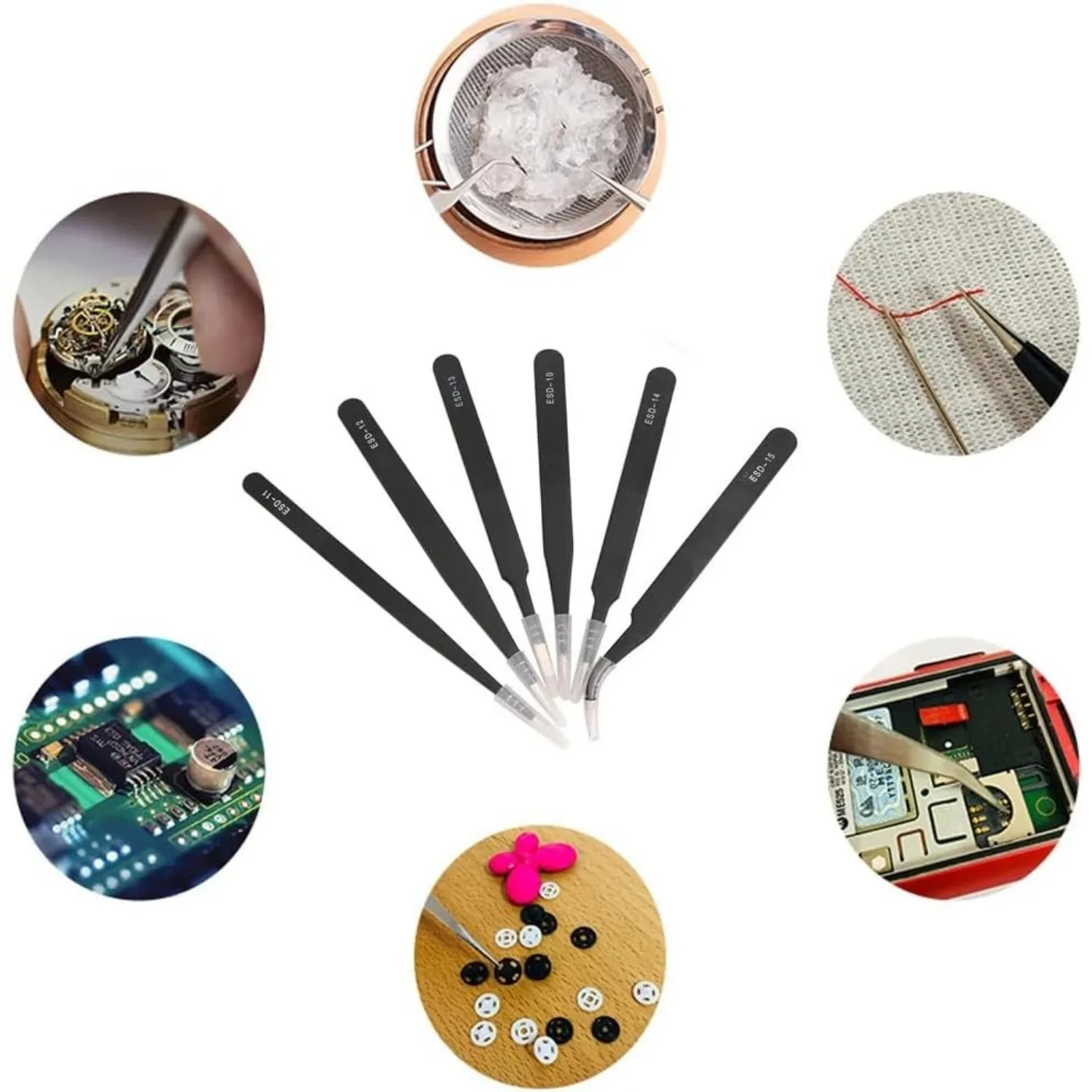 6PCS Precision ESD Anti-Static Stainless Steel Tweezers Set, Repair Tools for Electronics Repair, Soldering, Craft, and Hobby