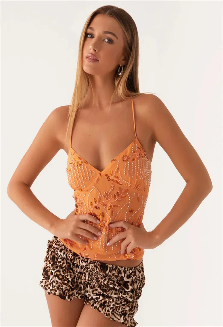 Sequined Halter Crop Tops Women Y2k Pearl Embellished Sexy Tops Summer Glitter V Neck Rhinestone Backless Camisole Tank Shirts