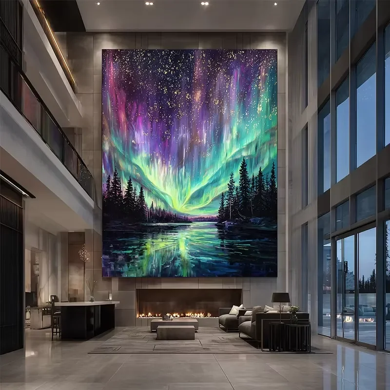 Oversized Aurora Abstract Painting Modern Purple Green Northern Lights Canvas Art for High Ceiling Living Room & Hotel Lobby
