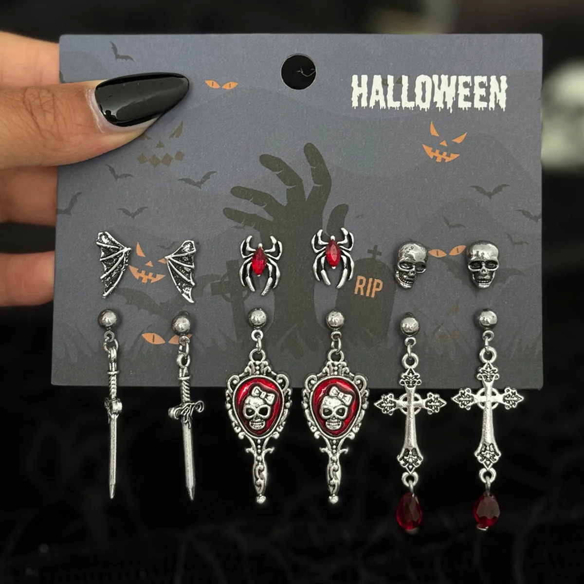 SHIXIN 6 Pairs Gothic Skull Jesus Cross Pendant Earrings for Women Retro Horror Bat Spider Earrings Set Halloween Jewelry Gifts