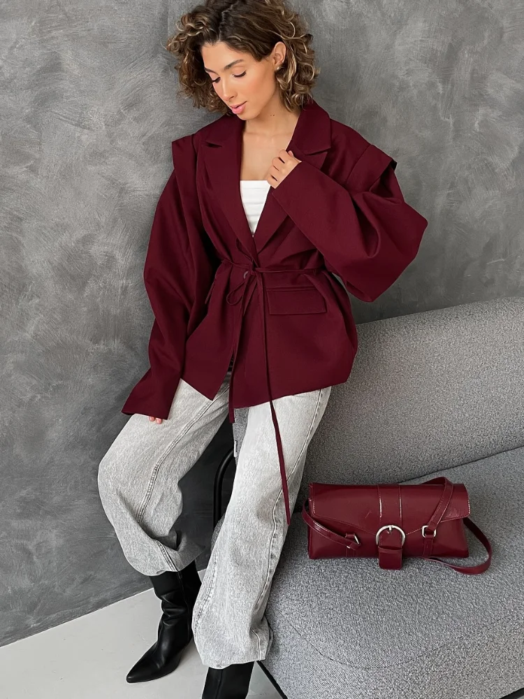 

Wine Red Lace Up Women Casual Suit Jacket Fashion Full Sleeve Lapel Button Pocket Blazer Coat Autumn New Lady Highstreet Outwear