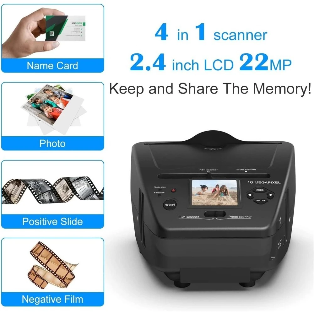 

Digital Film Photo Scanner Converts 35mm Slides Negatives to 22MP JPEG with 2.4 Inch LCD 4GB SD Card Support Namecard 3.5x5