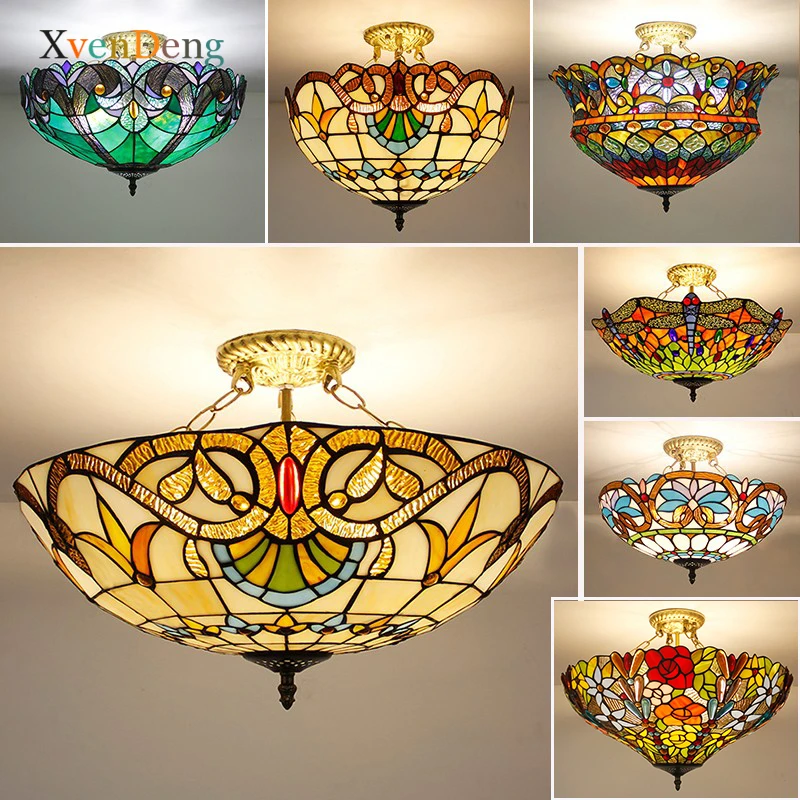 Tiffany Stained Glass Ceiling Lights for Living Room Vintage Mediterranean Baroque Hanging Lamp Bedroom Kitchen Ceiling Lighting