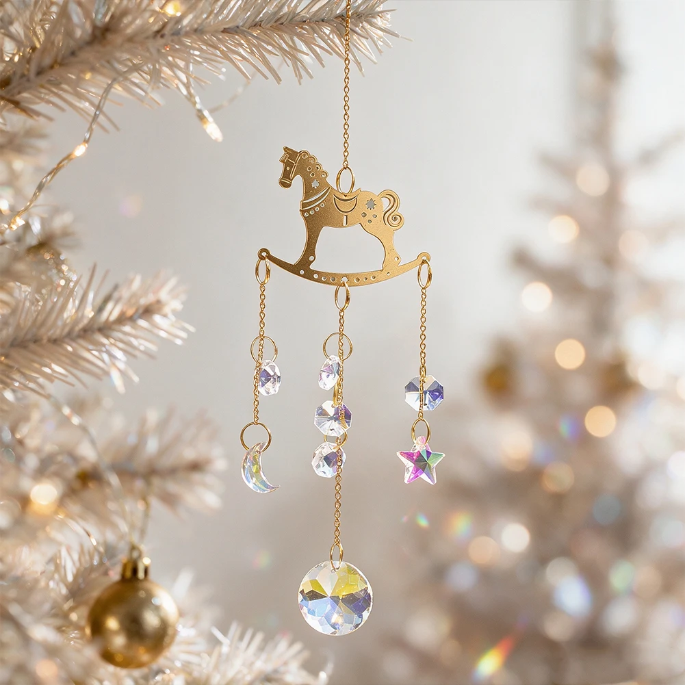 Romantic Brass Wooden Horse Ornament Star Moon Round Glass Crystal Prism Sun Catcher Rainbow Catcher Wedding Hanging Decorations