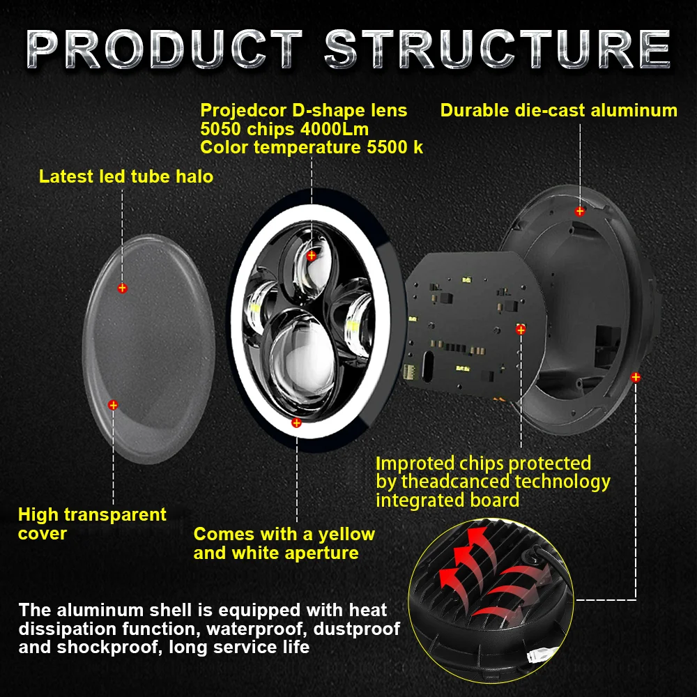 Farol redondo LED para motocicleta, 7 em farol redondo LED, Yamaha Harley Road King, Jeep Wrangler JK, Halo Angel Eyes