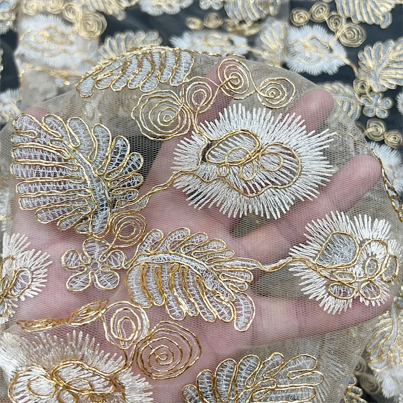 New bone cord embroidered floral apricot lace tulle fabric, used for wedding dresses, gowns, dresses, and clothing fabric