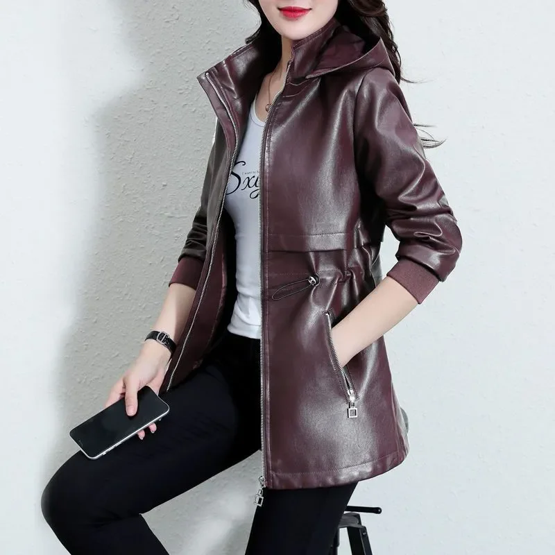 2025 جديد الخريف عالية الجودة فضفاضة عادية زائد المخملية سميكة الدافئة مقنعين سترات من الجلد النساء متوسطة طويلة سترة جلدية أبلى