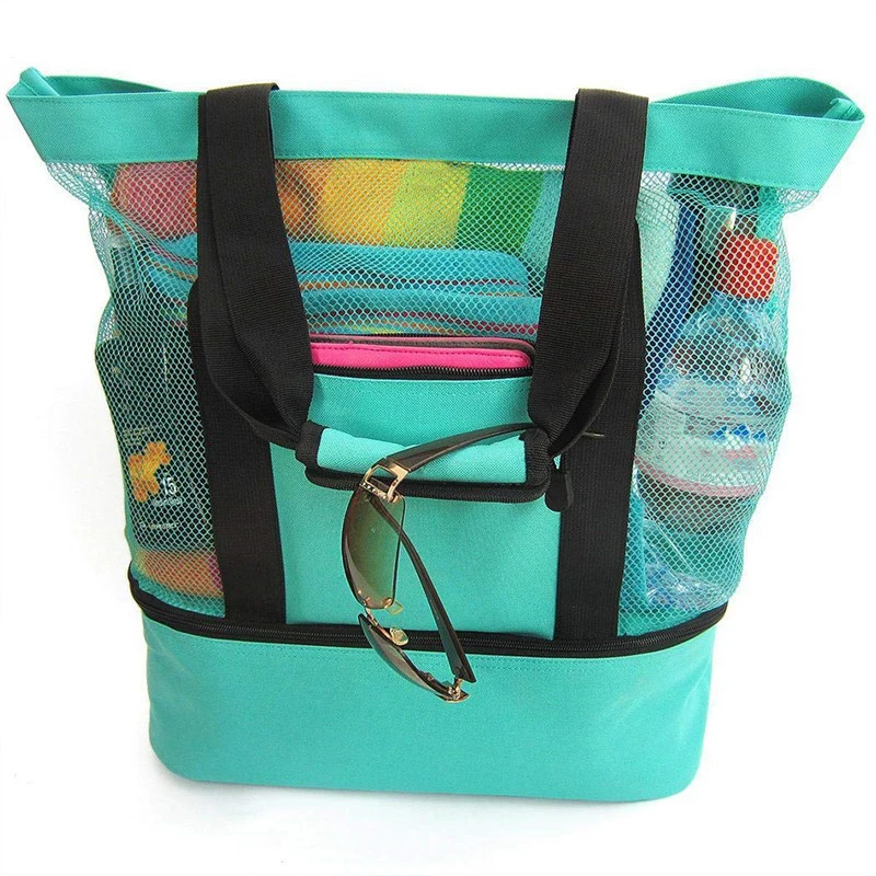 Double-layer Beach Lunch Bag for Picnic Camping  Transparent Mesh Women Insulation Bag with High Capacity Multi Function Handbag