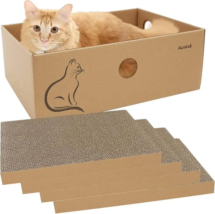 

AUSCAT Cat Cardboard Scratcher, 4 PCS Reversible Cat Scratching Boards with Box for Indoor Kitty to Rest and Play, 14.8" L x 10.