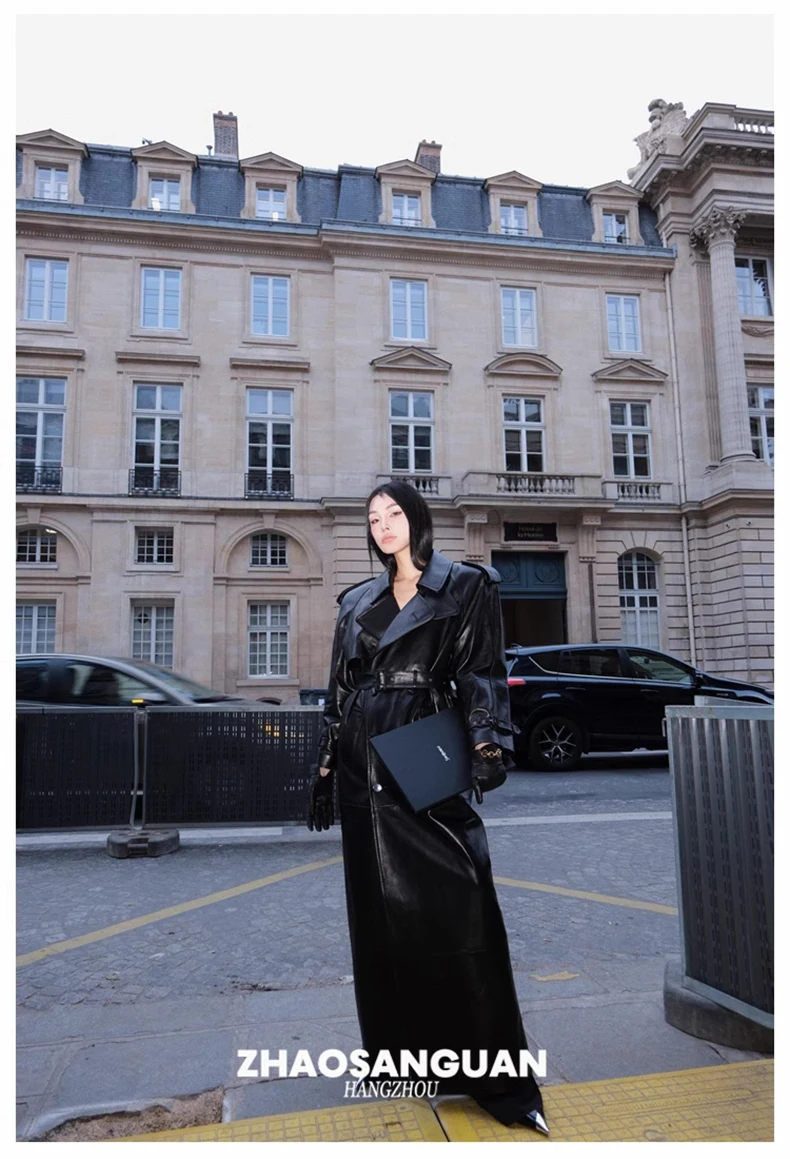 Lautaro Spring Autumn Cool Extra Long Black Loose Pu Leather Trench Coat for Women with Shoulder Pads Belt European Fashion 2024