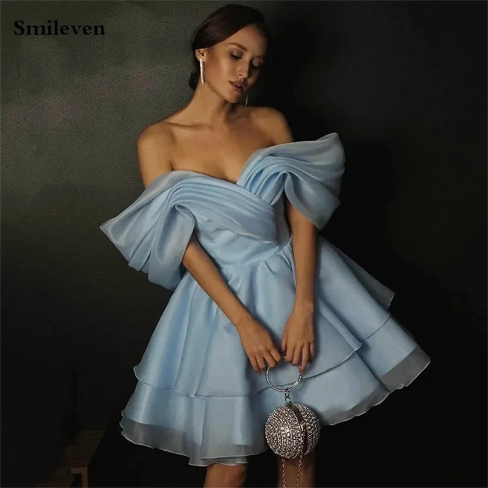 

Midi Tea Length Formal Evening Dress Sky Blue Prom Dress Off The Shoulder Organza Party Gowns