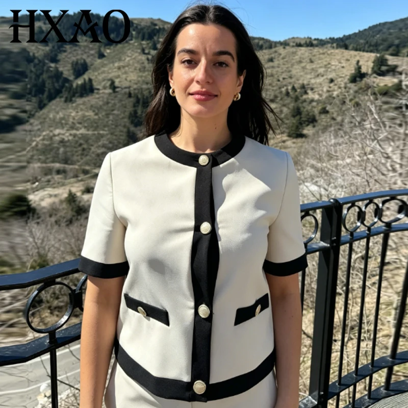 

HXAO Women's Elegant Crop Contrast Blazer Summer 2026 Casual O-Neck Button Up Short Sleeve Suit Jacket Office Look Blazer Woman