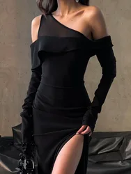 Mozision Black Oblique Shoulder Split Maxi Dress For Women Gown Solid Backless Long Sleeve Bodycon Sexy Evening Long Dress