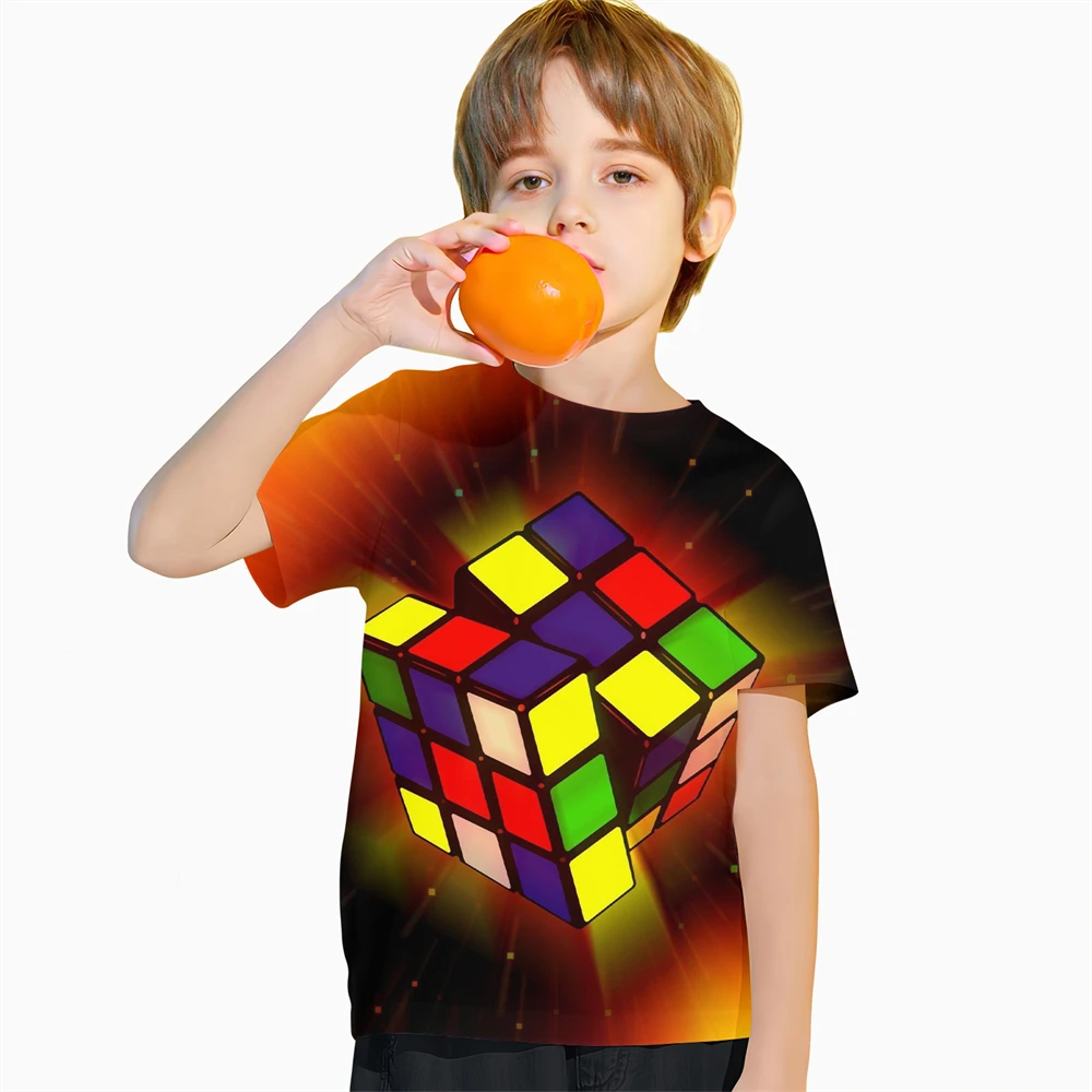 Camiseta infantil em cubo de Rubik impresso em 3D, manga curta, roupas divertidas de verão, roupas casuais para bebês, 2024