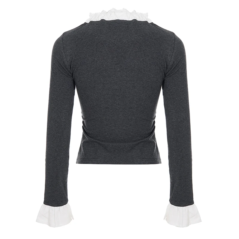 Französisch Stil Spitze Trim Bogen T-Shirt Beiläufige Dünne Tiefem V-ausschnitt Langarm T-shirts Frauen 2025, Herbst Frühling Mode Streetwear Damen