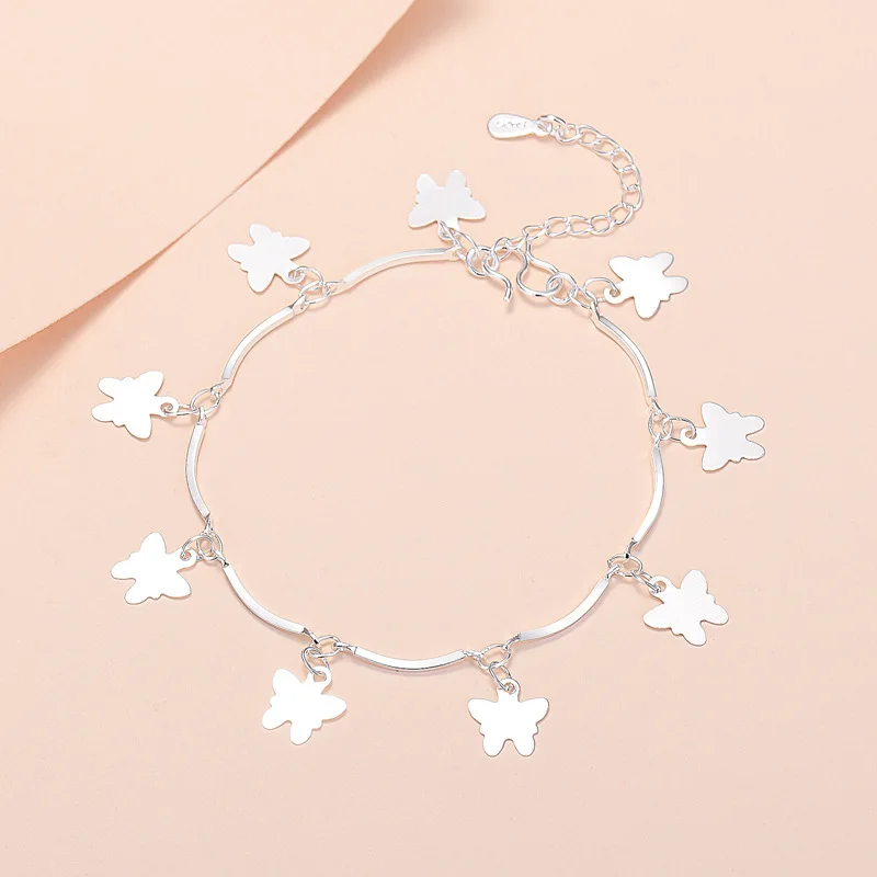 Sterling Silver Color Bracelets for Women Butterfly Clover and Bell Charm Hand Chain Link Orignal Fashion Jewelry With Stamp