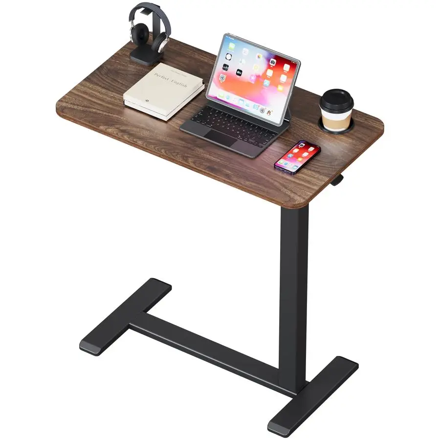 Adjustable Bedside Table with Swivel Hidden Wheels Pneumatic Rolling Desk Mobile Standing Desk with Cup Holder for Hospital Hom