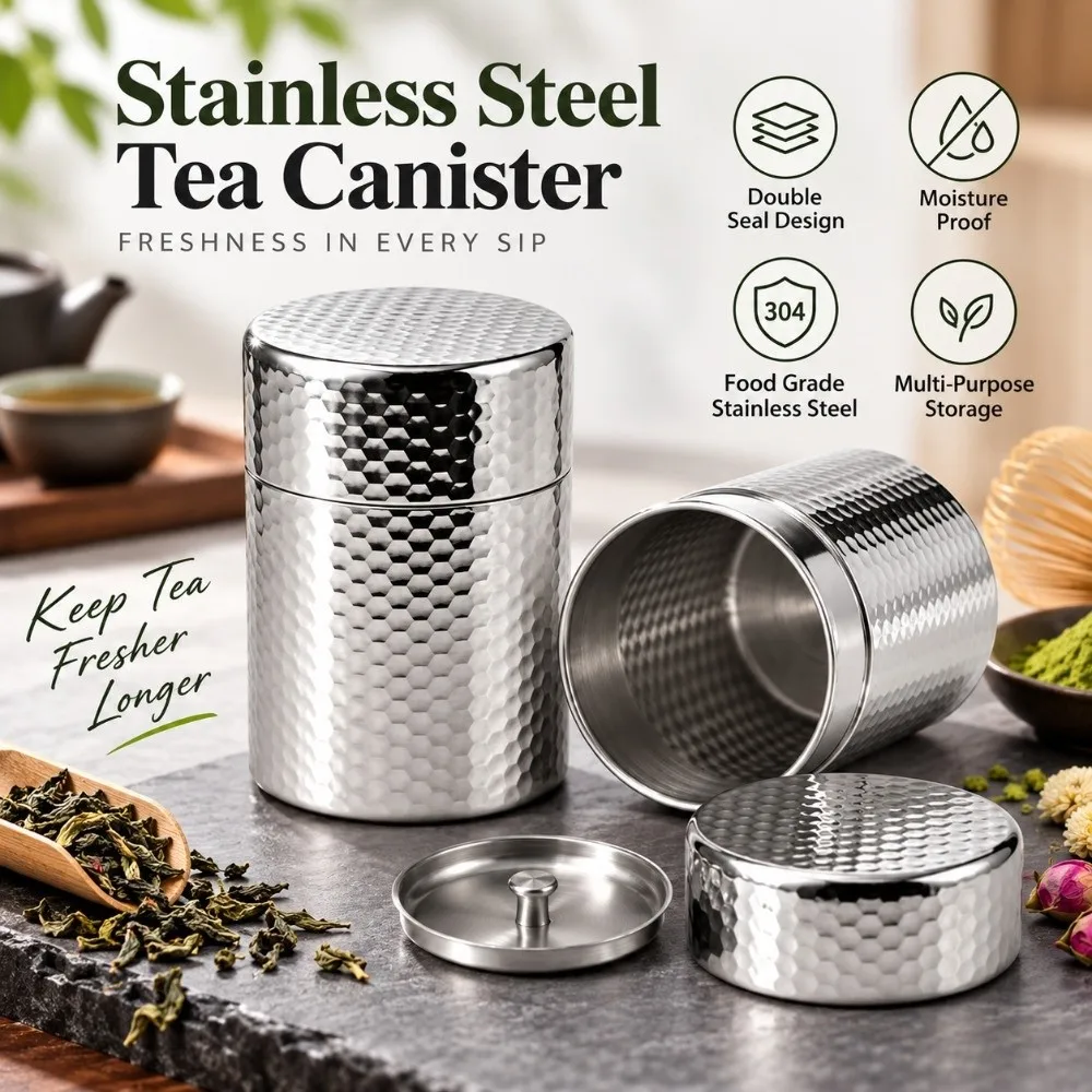 Premium Double Lid Tea Caddy Stainless Steel Moisture Proof Food Storage Canisters Stackable Air Tight Canisters Coffee Beans