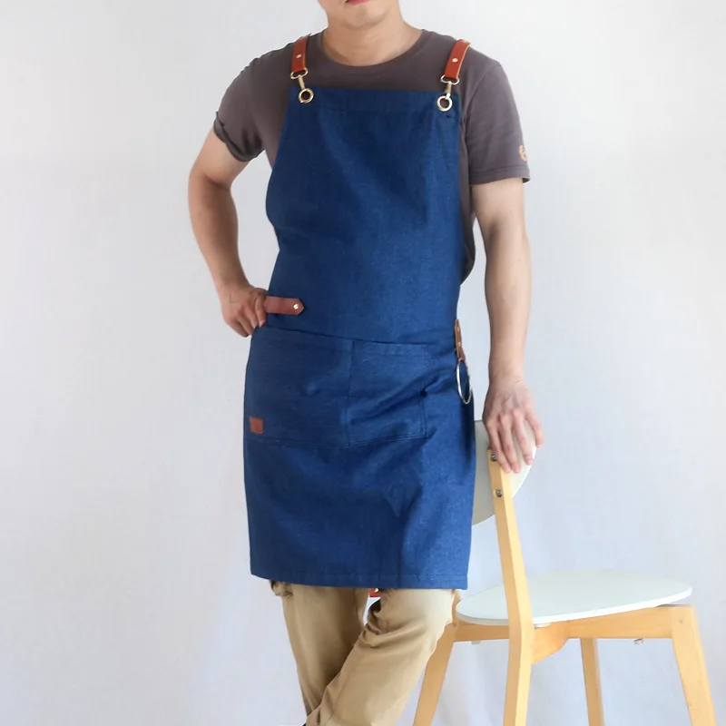 Korean Style Cotton Apron Spring Denim Anti Fouling Mens and Womens Work Clothes Apron Kitchen Baking Waiter Apron