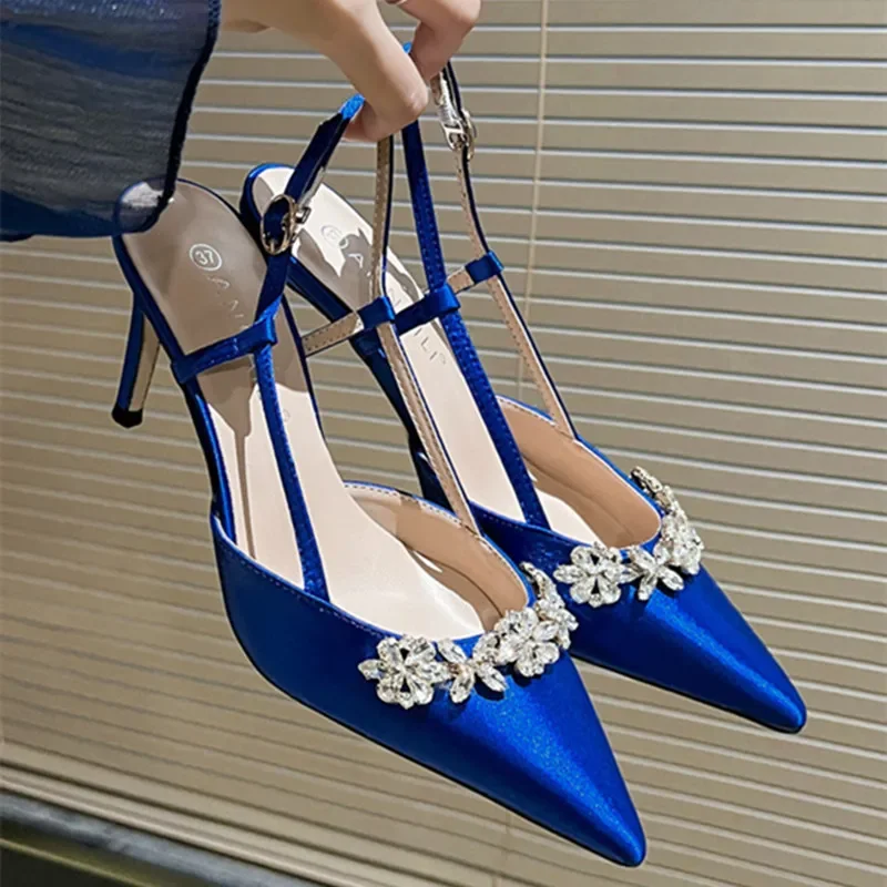 

Luxury Satin Rhinestone Flower Design High Heels Women Sexy Pointed Toe Heeled Sandals Back Strap Blue Pumps Party Wedding Shoes