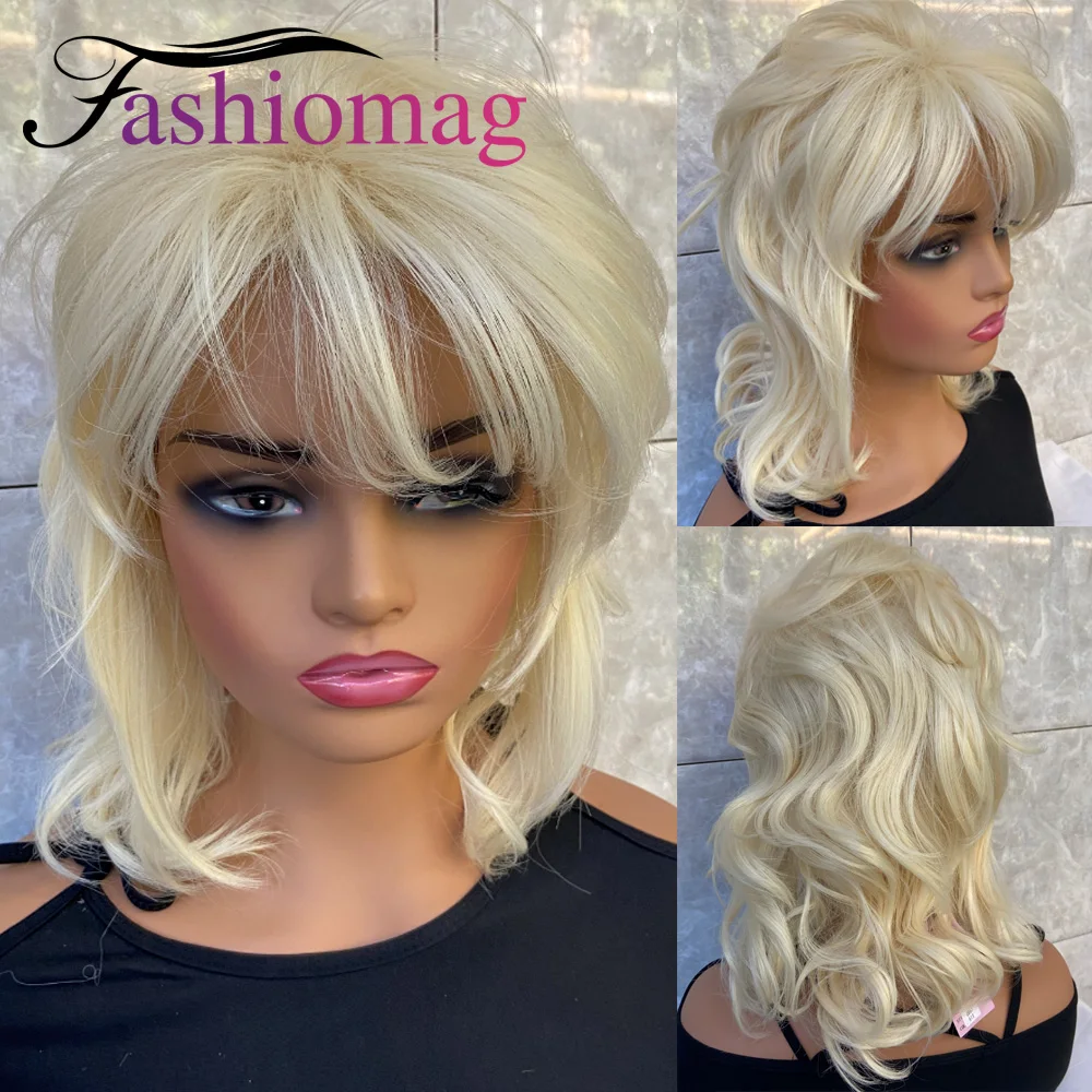 Fashiomag Wavy Natural Blonde Synthetic Hair Wig with Bangs for Women Daily Use Comfortable Lightweight Women's Hairpiece