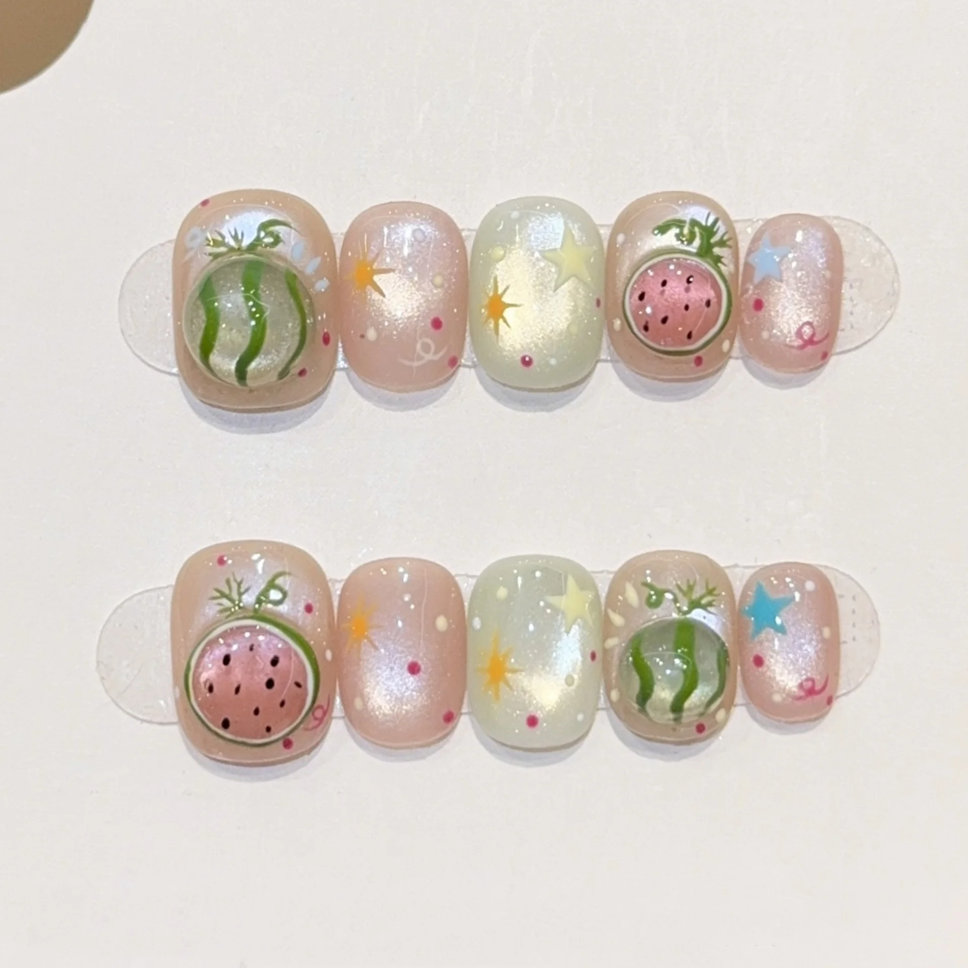 

10pcs Cat's Eye Handmade False Nails Summer Cute Watermelon Stick on Nail Tips Reusable Short Square Round Press on Fake Nails