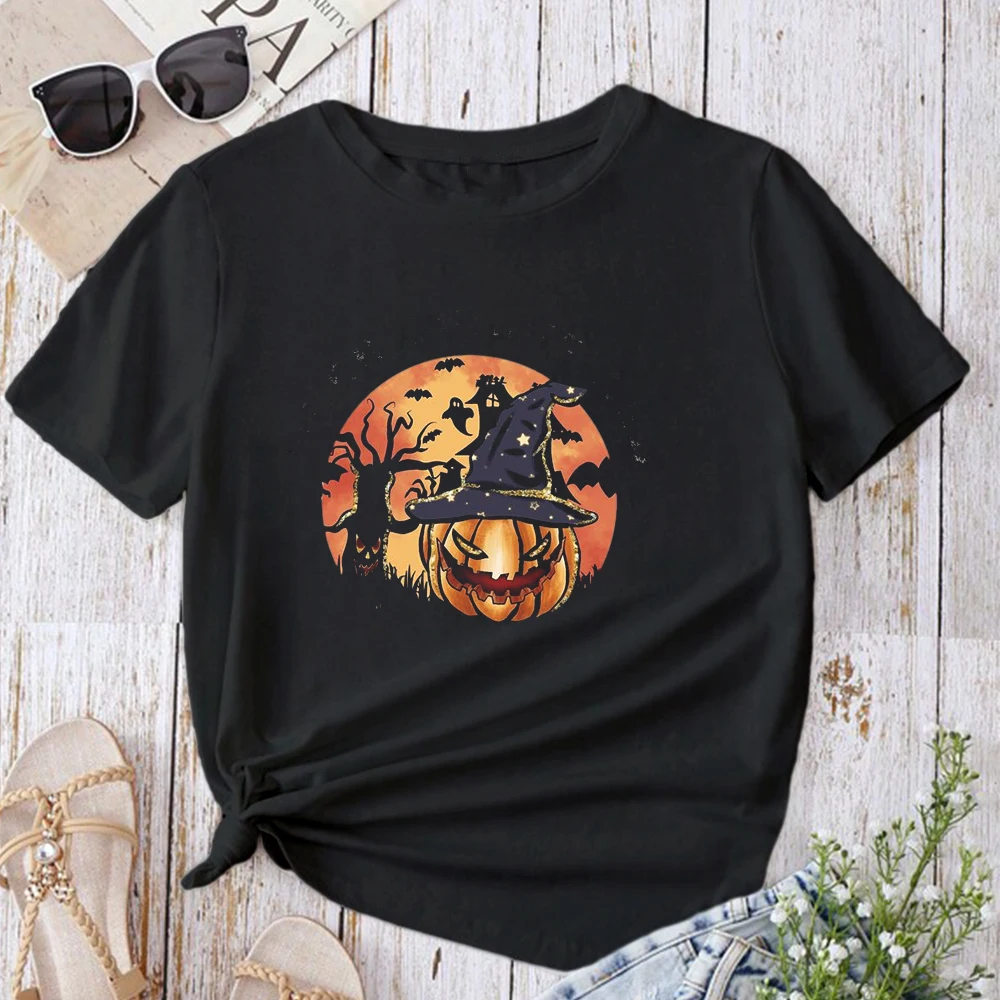 女性のためのカワイイグラフィックTシャツ、ハロウィーン、秋のカジュアルTシャツ、かわいいカボチャの衣装、カラフルな花のプリント、90年代の服