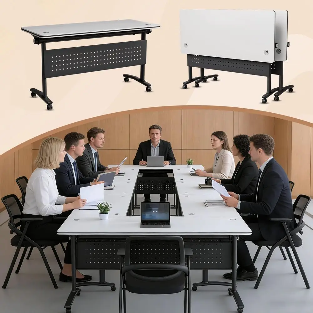 

47.2 Dual-Wheeled Conference Table with Storage and Privacy Panel, Supports 550lbs for Mobile Meeting Rooms and Classrooms
