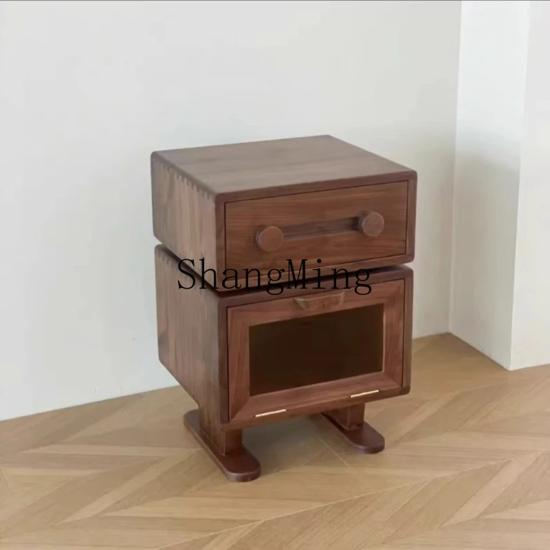 

DHY Oak Cabinet Sofa Side Cabinet Storage Black Walnut Solid Wood Bedside Cabinet