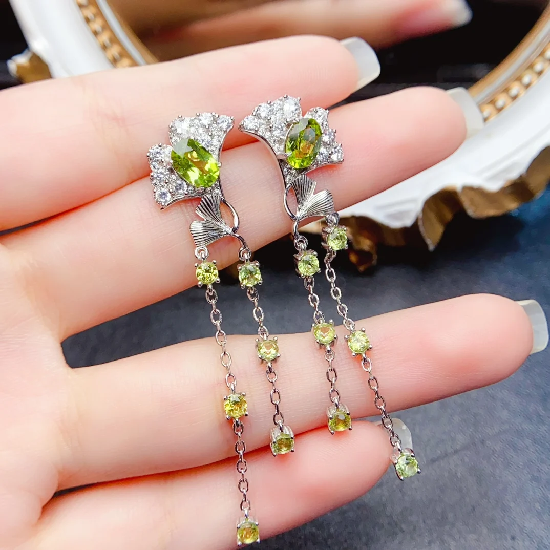 

New 5*7mm Natural Olivine Long Earrings S925 Sterling Silver Certificate Fashion Fine Flower Charm Weddings Jewelry for Women FS