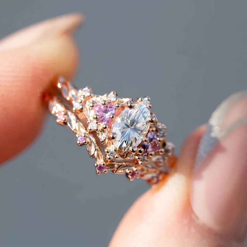 2 Pcs/set Retro Elegant Pink Synthetic Zircon Ring, Ladies' Engagement Proposal Gift, Jewelry